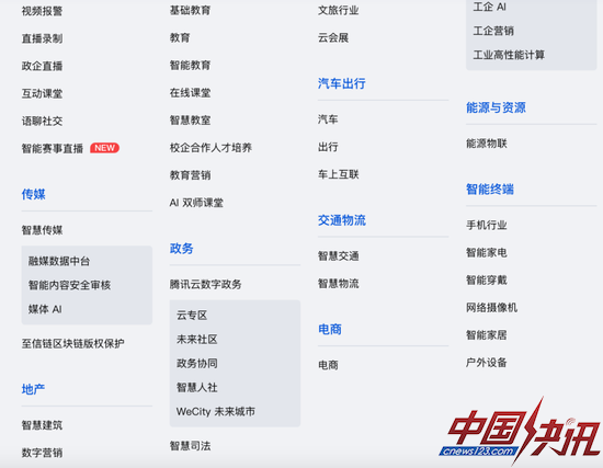 腾讯云行业解决方案，图源腾讯云官网